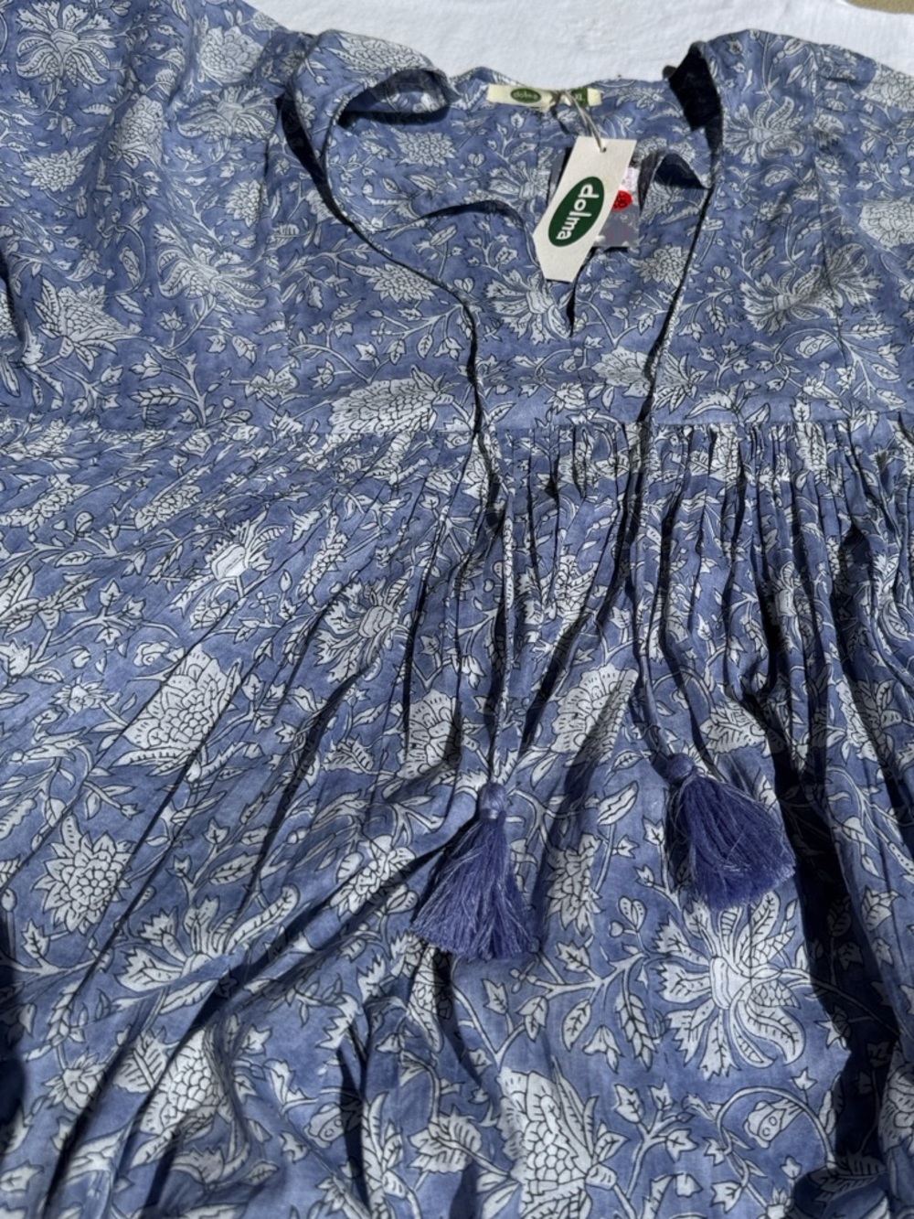 NWT cotton Dress midi Dolma blue ivory cotton print bohemian empire waist L XL